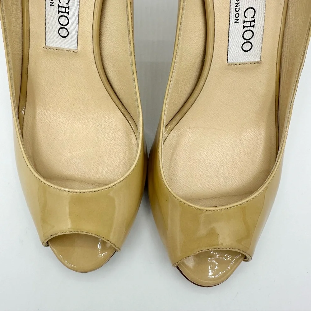 Jimmy Choo peep toe pumps tan patent leather medium heel - Picture 6 of 15